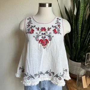 Boho floral Embroidered Cotton Tank Top Fringe Hem Tassel‎ Tie cream thumbnail 8