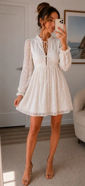 SHEIN White Swiss Dot Tie-Front Long Sleeve Mini Dress thumbnail 1