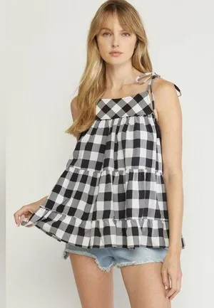 Entro gingham plaid black top tassels NWOT e thumbnail 1