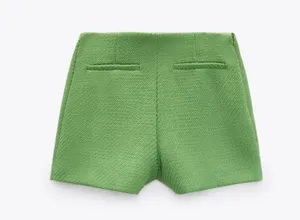 Zara Tweed Weave Structured High Waist Shorts Green Size S New thumbnail 12