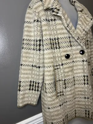 Anthropologie NVLT Coat Womens Large Beige Plaid Fuzzy Knit Button Front Unlined thumbnail 4