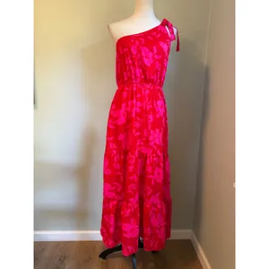 PrettyGarden One Shoulder Floral Maxi Dress Red Pink Tiered Boho Summer M resort thumbnail 2