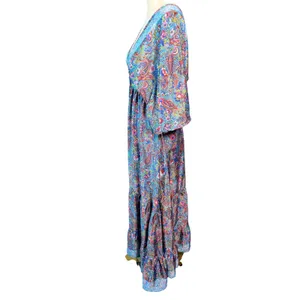 Zury Blue Paisley Silk Blend V-Neck Maxi Dress Ruffle Boho Free Size Kaftan thumbnail 7