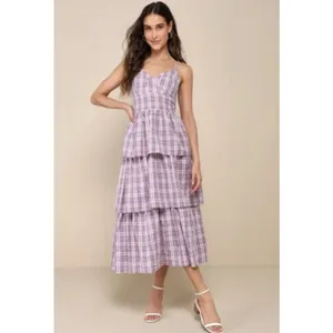Lulus Purple Plaid Tiered Midi Dress Small Cottage Bustier Women Flair Sundress thumbnail 15