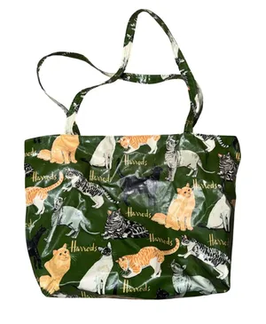 Harrods Tote Bag Womens Large Green Cat Print PVC Coated Excellent Zip Top thumbnail 1