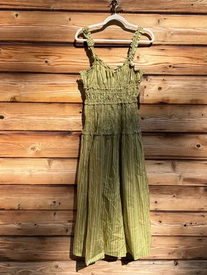 Few Moda o.p.t Freya Size M Green Striped Smocked Fit Flare Midi Cotton Dress thumbnail 5