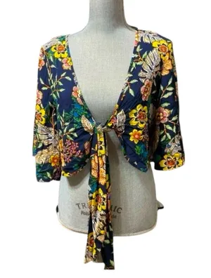 New Look Floral Tie-Front Crop Top Boho Kimono Sleeve Navy Multicolor Size M thumbnail 1