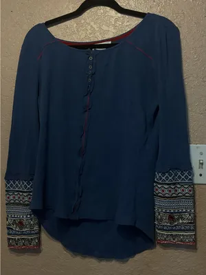 Sundance Henley Top Women medium Blue Boho Embroidered Waffle Knit Gorpcore thumbnail 2