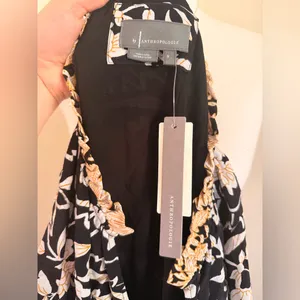 Anthropologie Black Floral Mini Dress with Beige Trim thumbnail 13