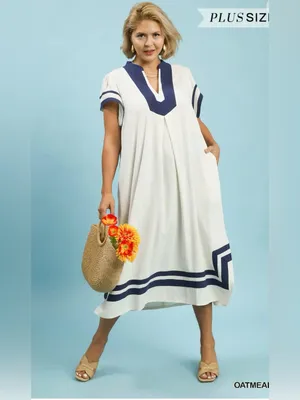 New! Umgee Linen Cotton Contrast Neckline Midi Contrast Trim Plus Size Dress XL thumbnail 2