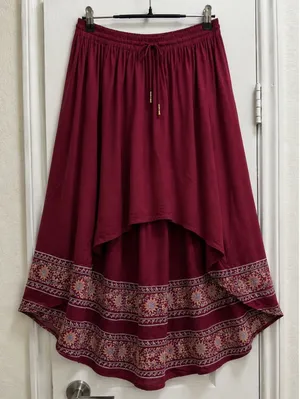 Free People High Low Maxi Skirt Burgundy Floral Border Boho XS thumbnail 1