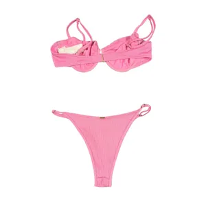 Hollister Bikini Set Womens M/S Pink Ribbed Underwire High Cut Swim 36B thumbnail 17