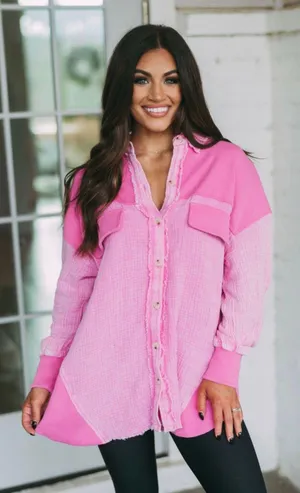 These Three Boutique Frayed Pink Shacket thumbnail 1