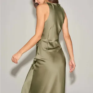 Rihoas Green Satin Boat Neck Slip Midi Dress thumbnail 3