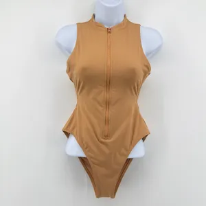 SKIMS Swim Zip Front Sleeveless One Piece Swimsuit Ochre Tan Neutral Small S thumbnail 3