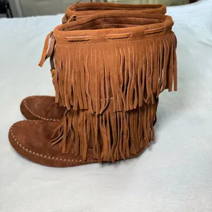 Mossimo Brown Suede Leather Fringe Moccasin Boots Womens 9 Faux Fur Lined Boho thumbnail 7