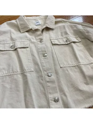ZARA Cream Beige Cropped Frayed Hem Denim Cotton Jacket Utility Casual Boxy XL thumbnail 8