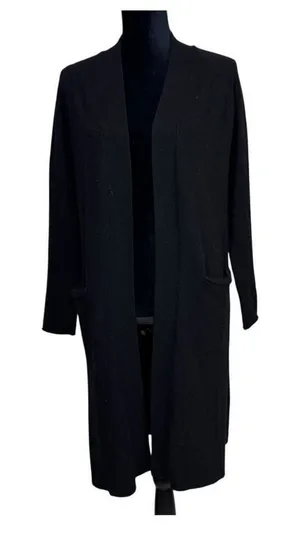 Long‎ Black Cardigan Duster Sweater Knit Open Front Pockets Cozy Layering small thumbnail 1