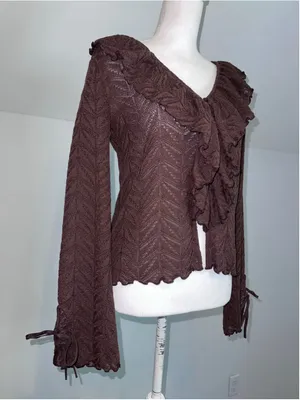 Women's LOFT Brown Ruffle Front Cardigan Sweater Size S thumbnail 2