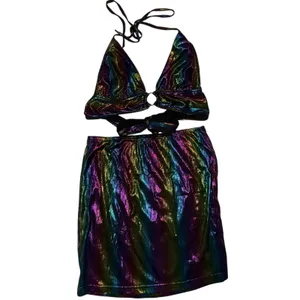 Holographic halter top mini skirt rainbow colored shiny Womens Xs rave set dress thumbnail 4
