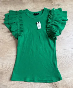 NWT Express ribbed ruffle short sleeve green top stretch size XS $49.95 thumbnail 1