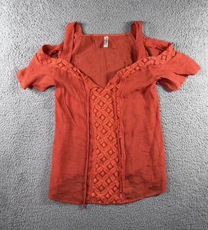Women Large Cold Shoulder Top Cottagecore Peasant Romantic Coastal‎ Nautical Y2K thumbnail 1