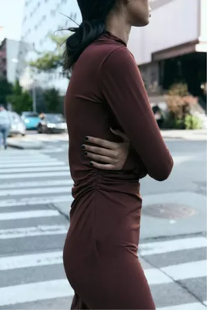 Zara Elegant Burgundy brown wine Maxi Dress stretchy long Sleeve Casual bodycon thumbnail 11