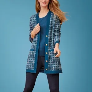 Talbots Merino Wool V Neck Cardigan Sweater Texture Plaid Blue White Size Medium thumbnail 2