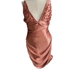 LUCY IN THE SKY Metallic Copper Plunge Ruched Mini Dress Size L Party Cocktail thumbnail 3