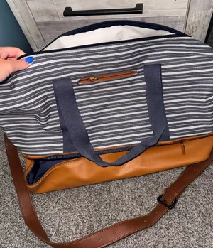 DSW Navy and White Striped Travel Weekender with Tan Trim thumbnail 1