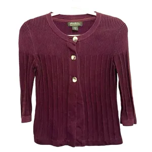 Eddie Bauer Burgundy Ribbed Cardigan XS Cotton Button‎ Front Sweater Y2K thumbnail 1