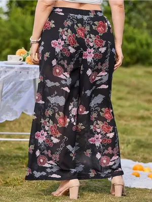 Black Floral Wide-Leg Asian Palazzo Semi Sheet Pants thumbnail 2