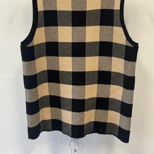 Loft Outlet Black Tan Buffalo Plaid Mock Neck Sleeveless Sweater Vest Top Career thumbnail 4
