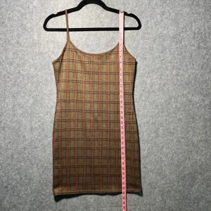 Liz & Sara Brown Orange Plaid Bodycon Mini Dress Spaghetti Strap‎ Womens Large thumbnail 2
