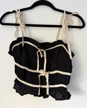 Black Tie-Shoulder Ruffle Crop Top with Cream Trim thumbnail 1