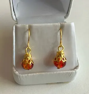 3/$20 Red and Yellow Dual Crystal Ornate Gold Plated Dangling Drop Earrings thumbnail 1