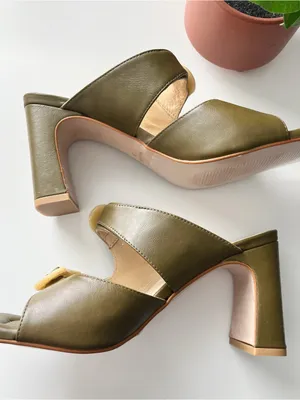 Ana Palma Olive Green Leather Ivory Buckle Block Heel Mules Made in Spain thumbnail 3