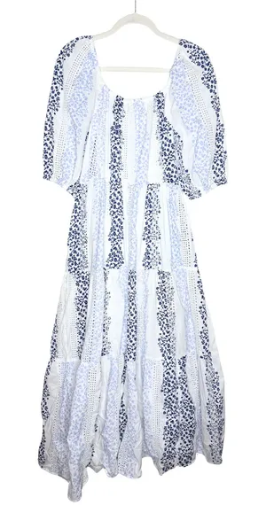 ZARA Floral Tiered Eyelet Lace Maxi Dress Medium White Blue Cottagecore Prairie thumbnail 1