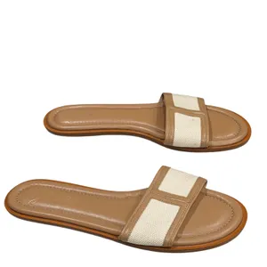 J Crew Slide Sandals Womens 7 Tan Ivory Canvas and Leather Classic Minimalist thumbnail 4