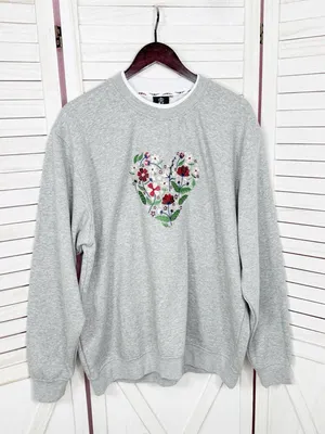 Vintage King Universal Cottagecore Floral‎ Heart Embroidered Sweatshirt Grey 2XL thumbnail 6