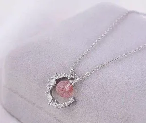 925 crescent strawberry crystal necklace women's high-end light luxury 2023 new style peach blossom clavicle chain ins lettering thumbnail 1