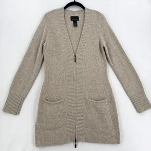 Cynthia Rowley Long Zip Cardigan M Beige Angora Wool Blend Duster Coastal Preppy thumbnail 1