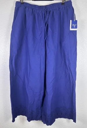 Roller Rabbit‎ Target Blue Cotton Linen Embroidered Scallop Wide Leg Pants Large thumbnail 1