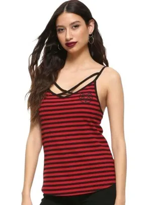 Hot Topic Red & Black Striped Crisscross Strap Pentagram Patch Tank Top Size XL thumbnail 1