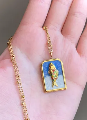 Handmade gold tone stainless steel & enamel fish necklace 🐟🌀 thumbnail 3