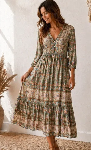 Boho Prairie Midi Dress Floral Rayon Cottagecore Peasant Small thumbnail 1