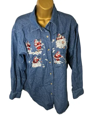 Vintage 90s Cambridge Dry Goods Embroidered Christmas Denim Button Up Shirt L thumbnail 1