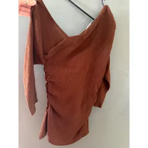 Zara Womens Brown‎ One Shoulder Ruched Textured Blouse Asymmetrical Top XS thumbnail 6