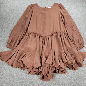 Bluivy Swing Dress Youth Medium Brown Ruffle Trim Fit & Flare Mini Lined Flowy thumbnail 12