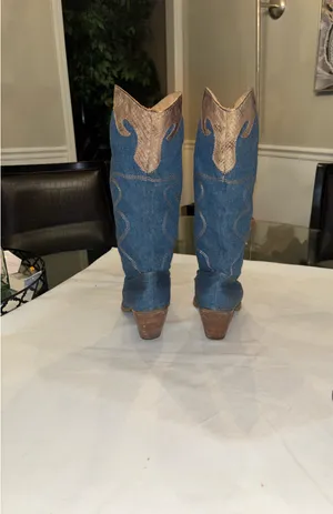 Dollhouse Blue and Brown Denim Heeled Boots thumbnail 5